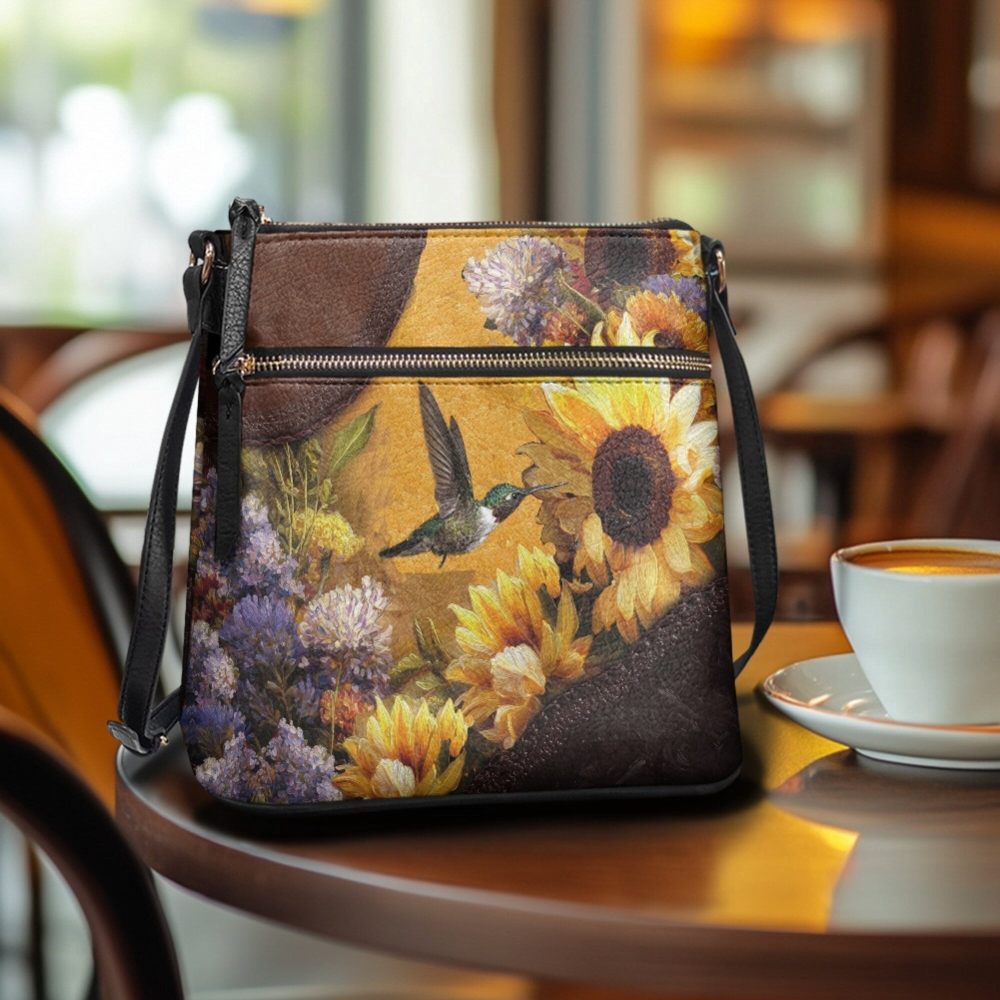 LedBack Hummingbird Sunflower Print Leather Satchel Handbag Hobo Bag with Adjustable Strap, Crossbody Purse for Women Ladies Sling Shoulder Purse for Travel, Brown and Yellow