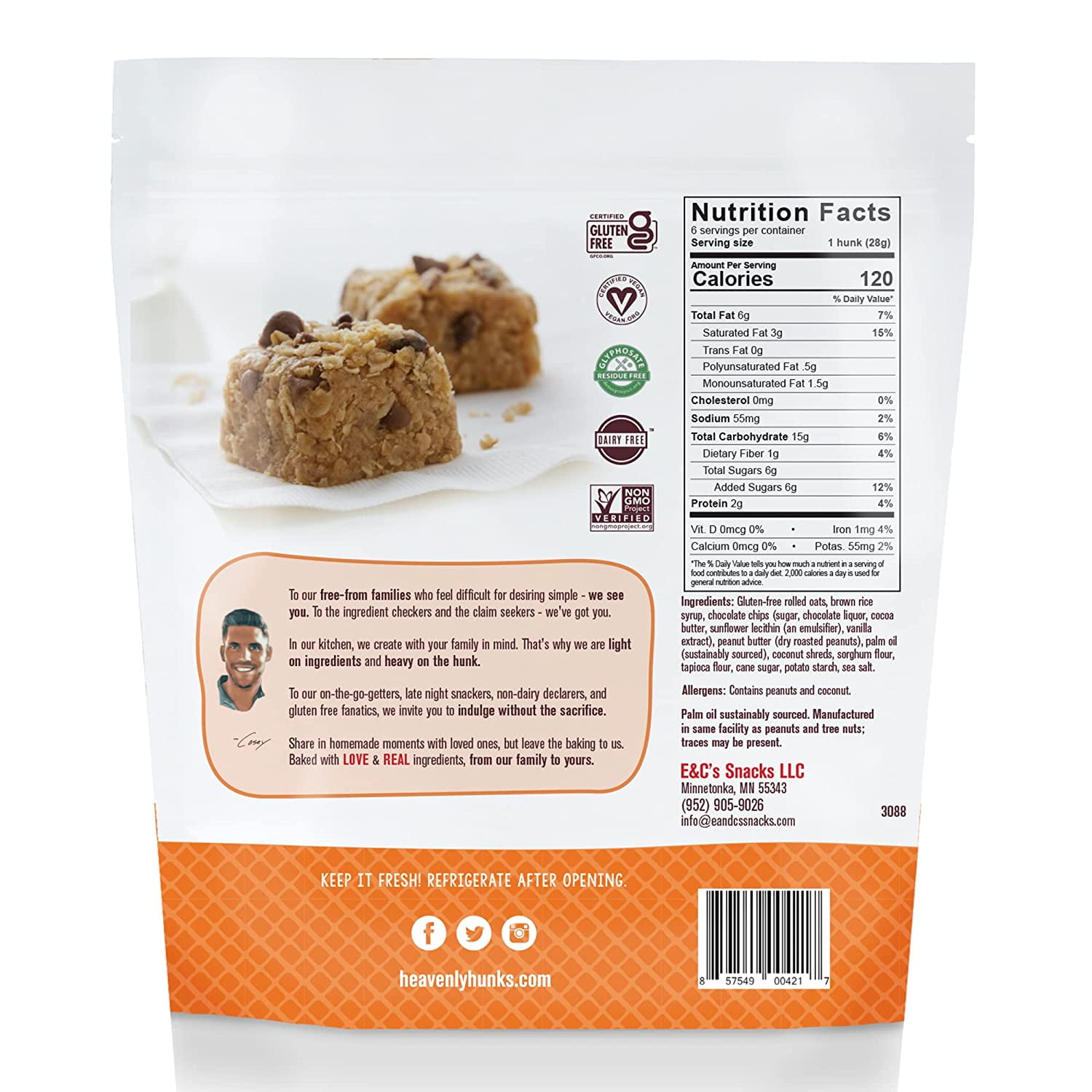 E&C's Snacks Heavenly Hunks Cookies Peanut Butter Chocolate Gluten Free, 6oz (Pack of 6)
