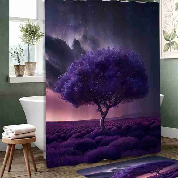 70x70 inch Dreamy Purple Tree and Starry Field Shower Curtain, Waterproof Polyester Fabric with Hooks for Bathroom Decor