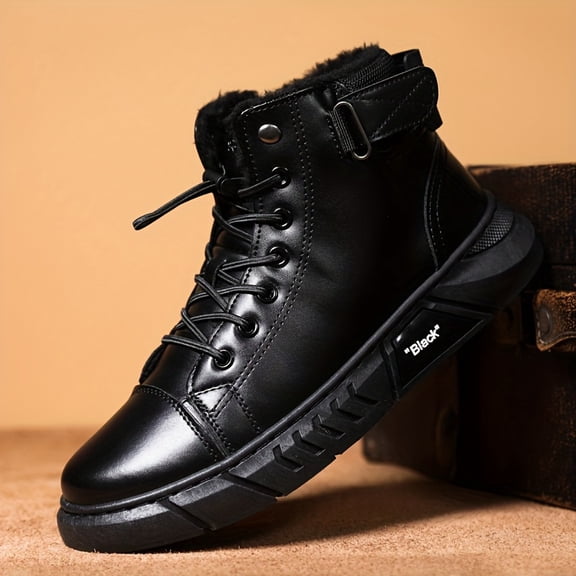 Men's Plus Size Plush-Lined High-Top Motorcycle Boots Warm Winter Lace-Up Ankle Boots with Anti-Slip Sole