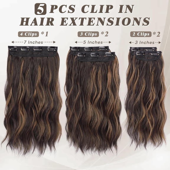 WEIF-Short Wavy Clip in Hair Extensions - 14 Inch Highlight Clip in Hair Extensions for Women - 5PCs Thick Soft Synthetic Loose Wavy Clip in Hairpieces – Dark Brown with Highlights