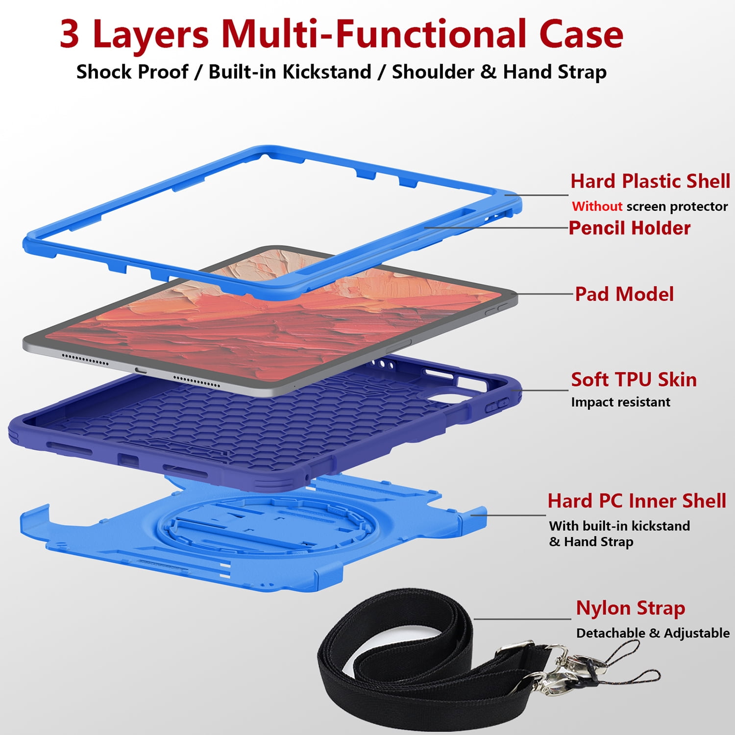 Shockproof Case for Apple iPad Pro 11 Inch 2022/2021/2020/2019/ iPad Air 5th 4th Gen, with Pencil Holder Military Grade Protection Rotating Stand Hand Strap Shoulder Strap Bumper Rugged Case, Blue
