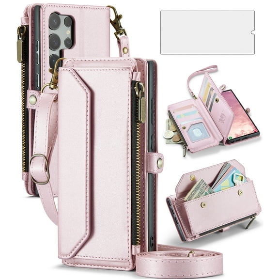 Compatible with Samsung Galaxy S25 Ultra 5G Zipper Wallet Phone Case Tempered Glass Screen Protector Crossbody Lanyard Strap Flip Card Holder Slot Cell Cover for S25Ultra 25S S 25 Women Rose Gold