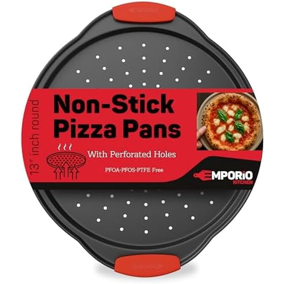 Nonstick Pizza Pan Set with Silicone Handles, Round Carbon Steel Tray 1 Pack 13-Inch with Perforated Holes, Oven & Dishwasher Safe Gray