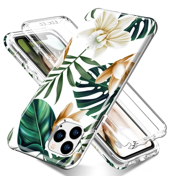 Green Leaves Case for iPhone 11 Pro with Built-in Screen Protector Slim Full-Body Stylish Protective Cover 5.8'' Anti-Scratch Anti-Finger for Women & Girls 2019 Release