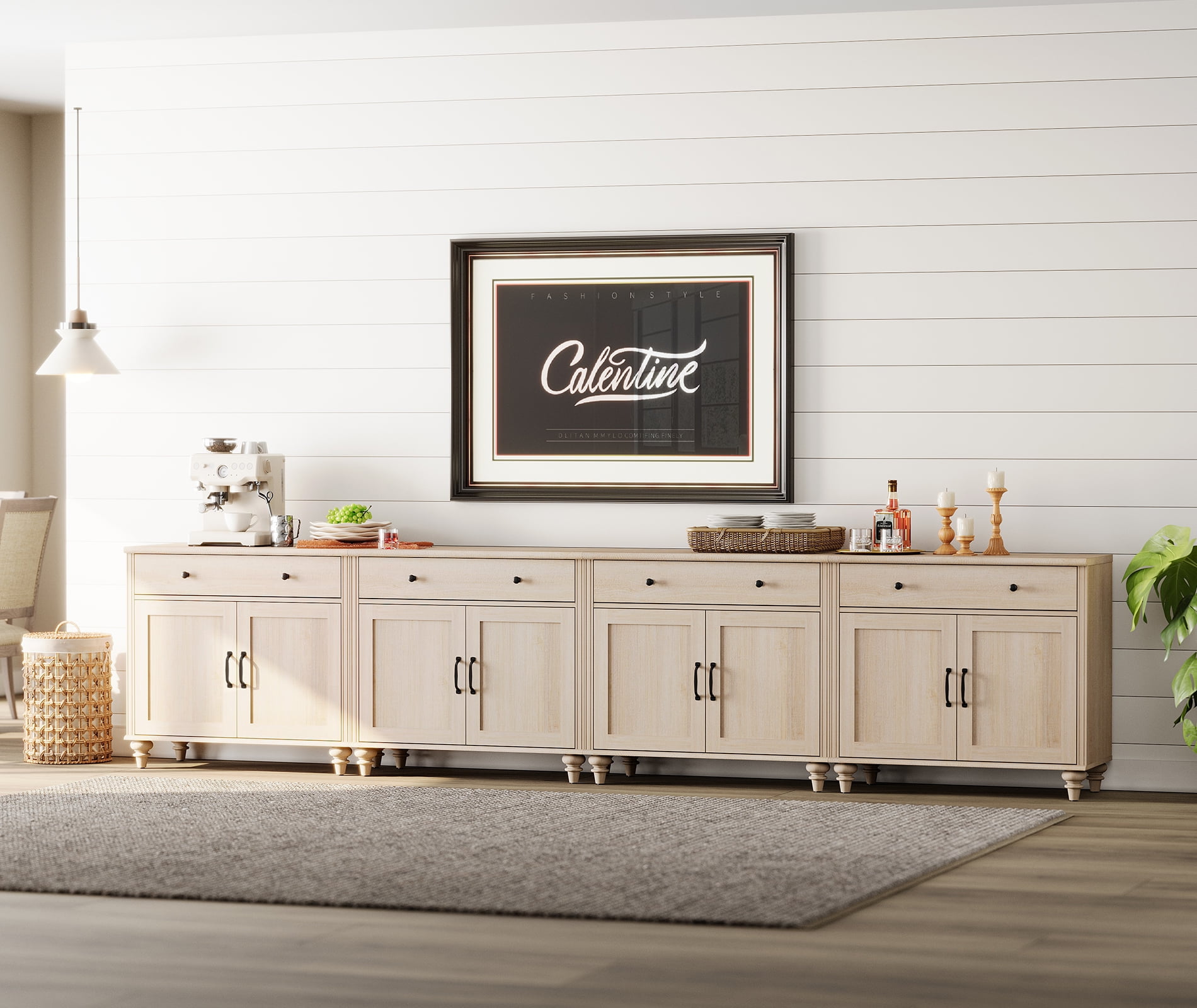 Light Beige Buffet Cabinet with with Storage Cabinets, Modern Farmhouse Kitchen Storage Cabinets 8 Doors and 4 Drawers, 134 inch