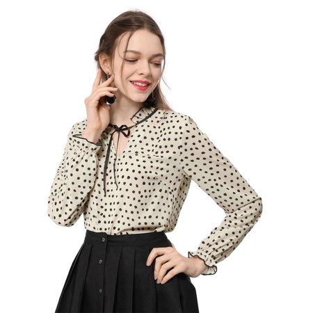 Ruffle Bell Sleeve Unique Bargains Women's Tie Ruffled Neckline Polka Dots Vintage Blouse Bell Long Sleeves Tops (Size M / 10) Apricot ()