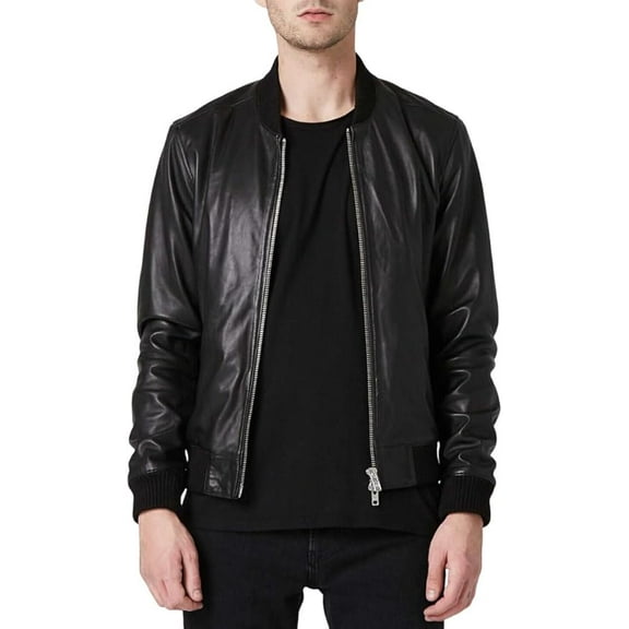 Men Bomber Black Leather Jacket Genuine Leather Jacket Front zipper closing A312