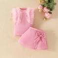 thumbnail image 2 of ZACPNCV Girls Summer 2 Piece Outfit Ribbed Ruffle Cap Sleeve Sleeveless Top and Bow Front Skort Shorts Set Kids Shorts Set Pink 9-12 Months, 2 of 9