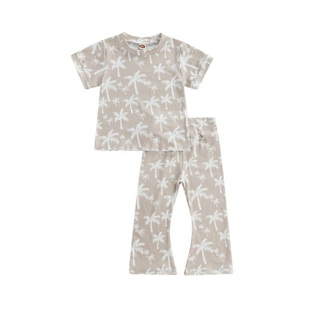 

Canrulo Toddler Baby Girls 2Pcs Summer Clothes Tropical Tree Print Short Sleeve Tops Elastic Waist Flared Trousers Outfits Khaki 2-3 Years