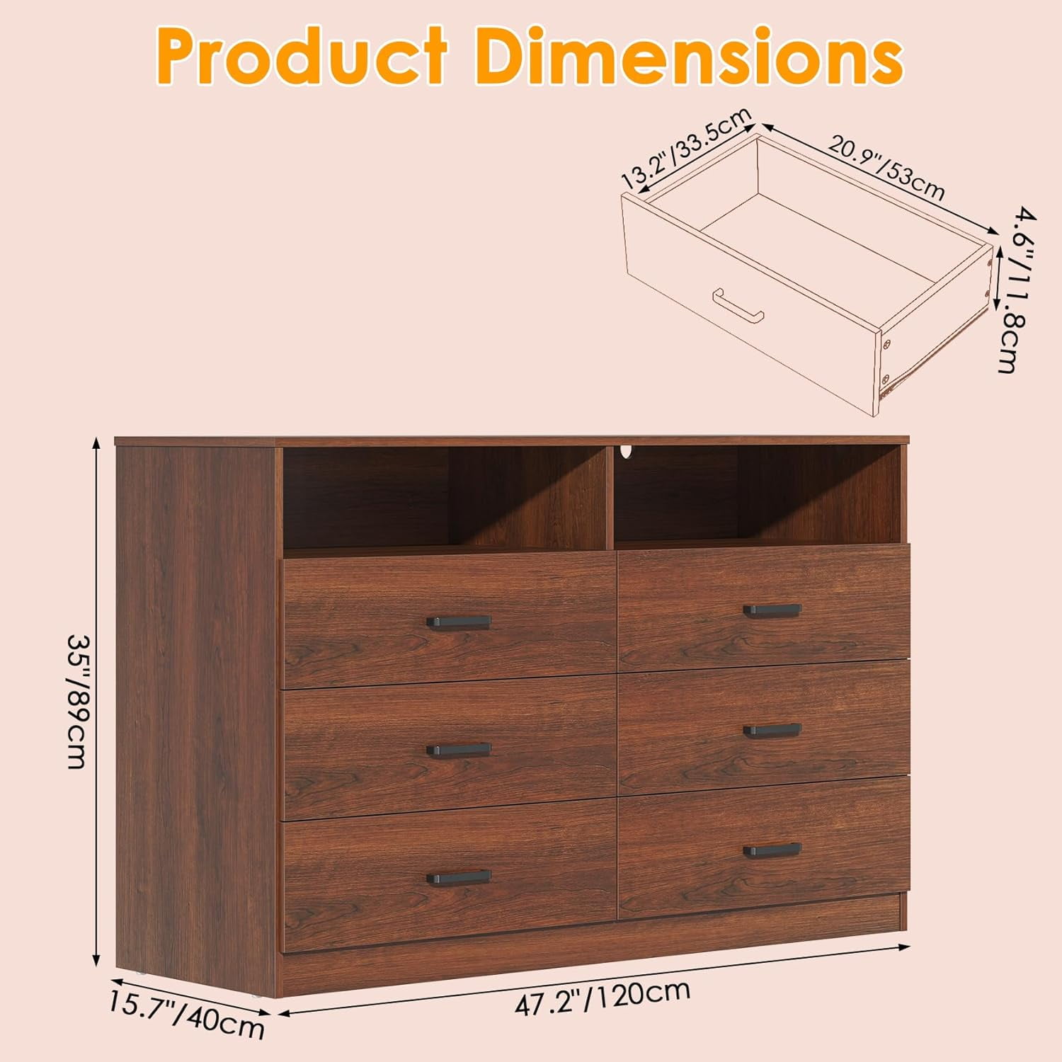 Frmobepts Wood Dresser for Bedroom, 6 Drawer Dresser with Open Storage Cubby,Brown