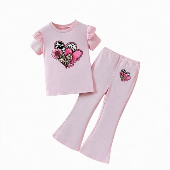 Ymyiu Toddler Girl Summer Outfits Girl Clothes Short Sleeve Front T-Shirt Flare Pants Summer 2 Piece Outfit Size 7-8 Years(Red, 7-8 Years)