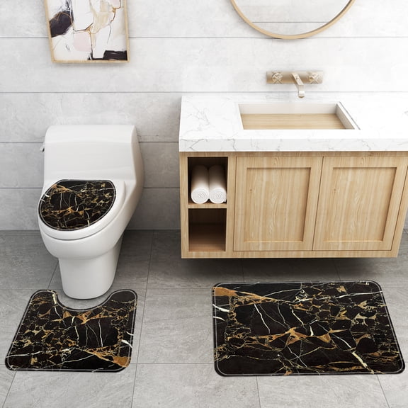 3 Pcs Set Soft Bathroom Rugs Toilet Mats Black Brown Marbling Pattern Absorbent Non-Slip Backing Mat Memory Foam Rug
