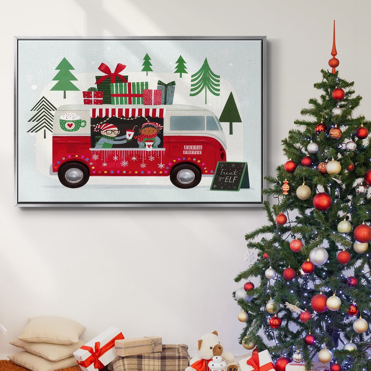 Santa's Foodtruck Collection A - Framed Gallery Wrapped Holiday Canvas - 25 x 37 - Silver Frame