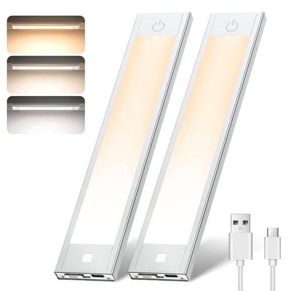 VST 72 LEDs Motion Sensor Lights Indoor 3 Color Temps, Dimmable Under Cabinet Lighting, 1800mAh Rechargeable Step Light, Magnetic Cordless Night Light for Stair, Wardrobe, Kitchen 2 Pack, Silver