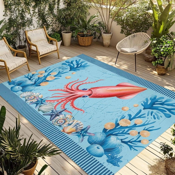 Summer Oceans Outdoor Area Rug 4x6ft Decorative Indoor Outdoor Rug Nautical Coastal Red Squid Corals Shells Blue Patio Area Rug for Porch, Deck, Balcony, Entryway, Camping & RV