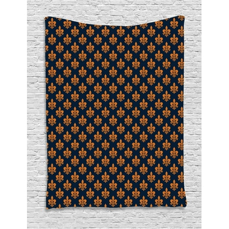 Fleur De Lis Tapestry, Victorian Floral Pattern of Orange Color and Curly Ornaments Gothic Era, Wall Hanging for Bedroom Living Room Dorm Decor, 40W X 60L Inches, Dark Blue Orange, by Ambesonne