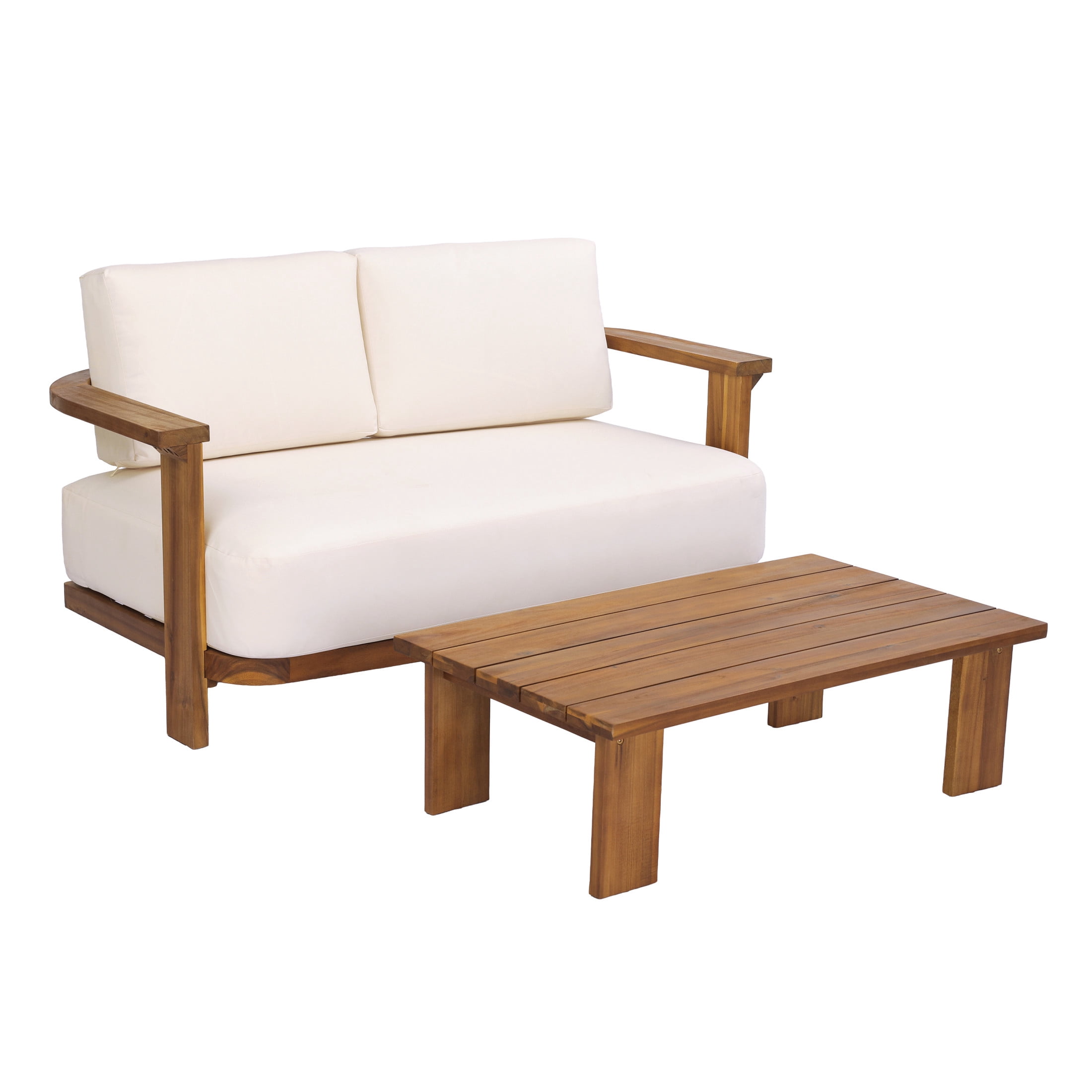 Christopher Knight Home Outdoor Acacia Wood Loveseat and Coffee Table Set with Cushions, Teak+Beige