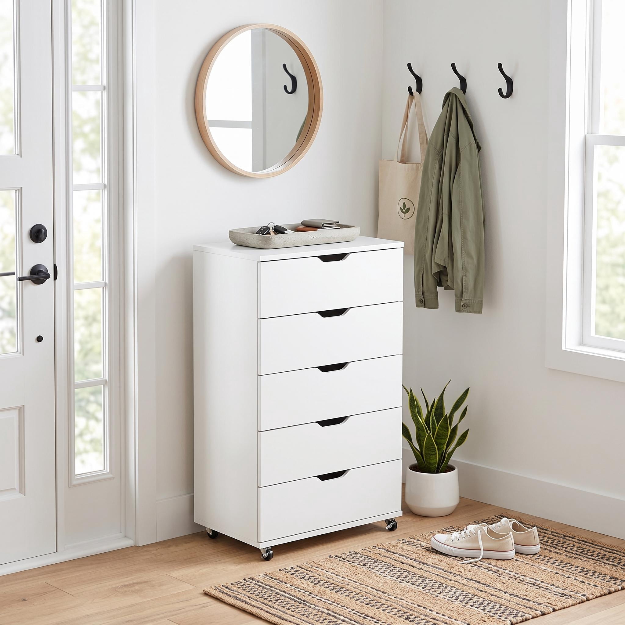 Homy Casa White 5 Drawer Dresser on Wheels for Bedroom Closet Office Storage