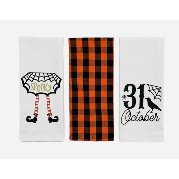 Serafina Home Halloween Fun Kitchen Dish Towel Set: Spooky Oct.31st Designs, Orange Black Gingham Towel