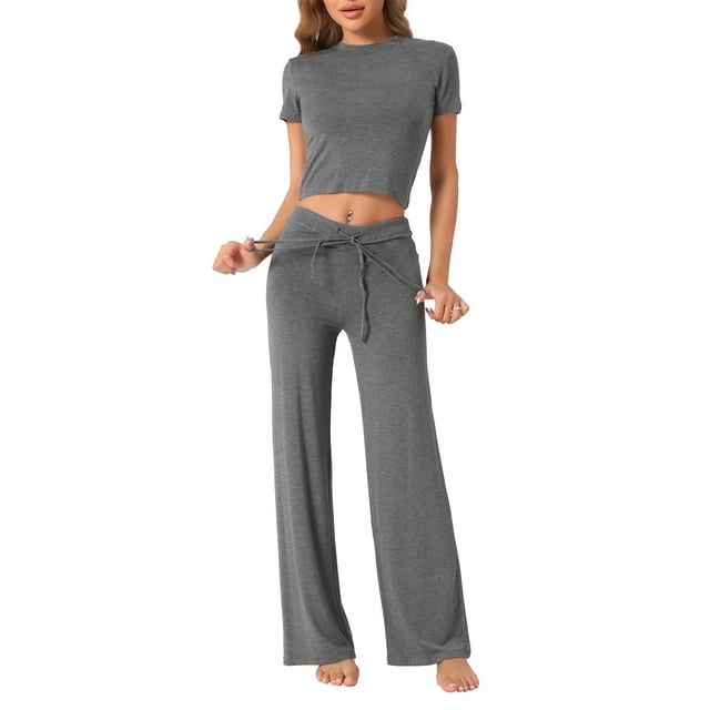 INSPIRAR CHIC Conjunto de 2 Piezas para Mujeres, Camiseta de Cuello Redondo de Manga Corta con Pantalones con Cuerda, Traje de Yoga M Gris Oscuro