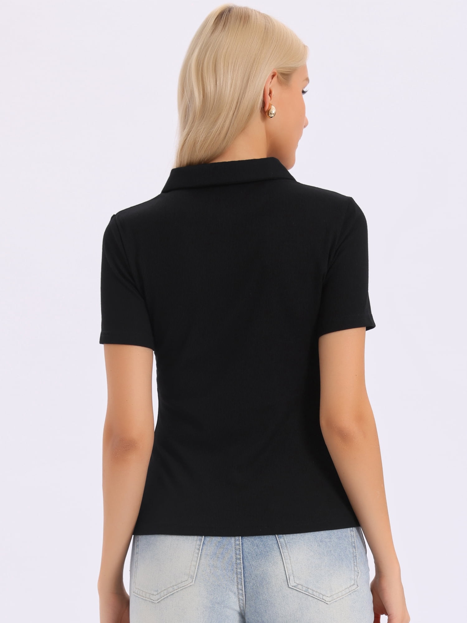 DARING DIVA Women's Short Sleeve Polo Shirts Collared V Neck Button Up Tops XS Black