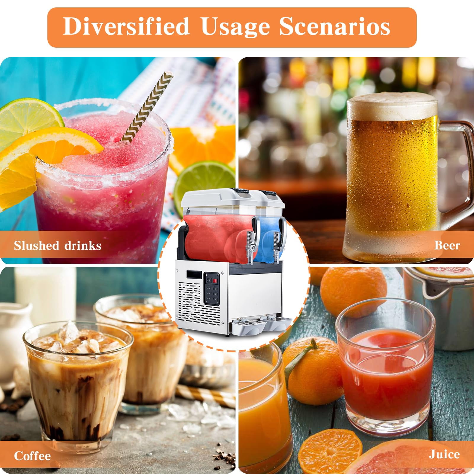 JustSmart 4L x 2 High-Speed Dual Tank Slushie Machine, Stainless Steel, Self-Cleaning, for Frozen Drinks, Bars, Restaurants, Home, 370W, Carbon Steel Handle, White