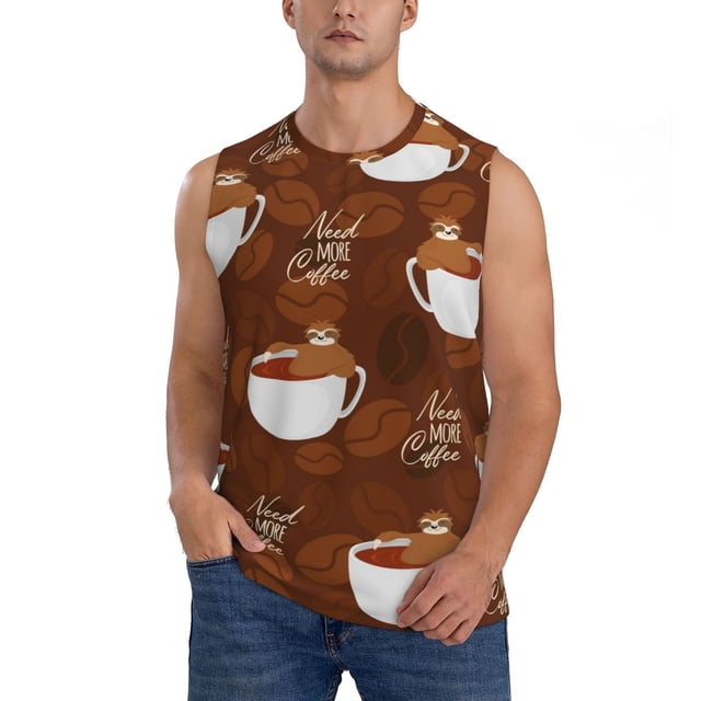 Fotbe Sloths Need More Coffee Men's Camiseta sin Mangas Estampada para Hombres, Playera Casual para Gimnasio, Entrenamiento, Playa-Medium