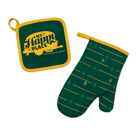 Camco Life Is Better at the Campsite Oven Mitt and Pot Holder | Cotton, Green/Yellow Camper/RV Theme (53124)
