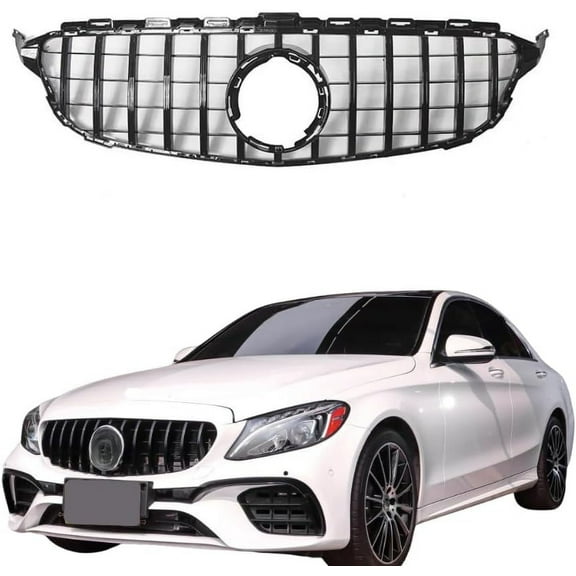 Black Chrome Front Grill Insert GT Style Compatible with Mercedes Benz C-Class Facelift W205 C200 C300 2019 2020 2021 Models, W/O Camera Hole, No Emblem, Not Fit C63 AMG