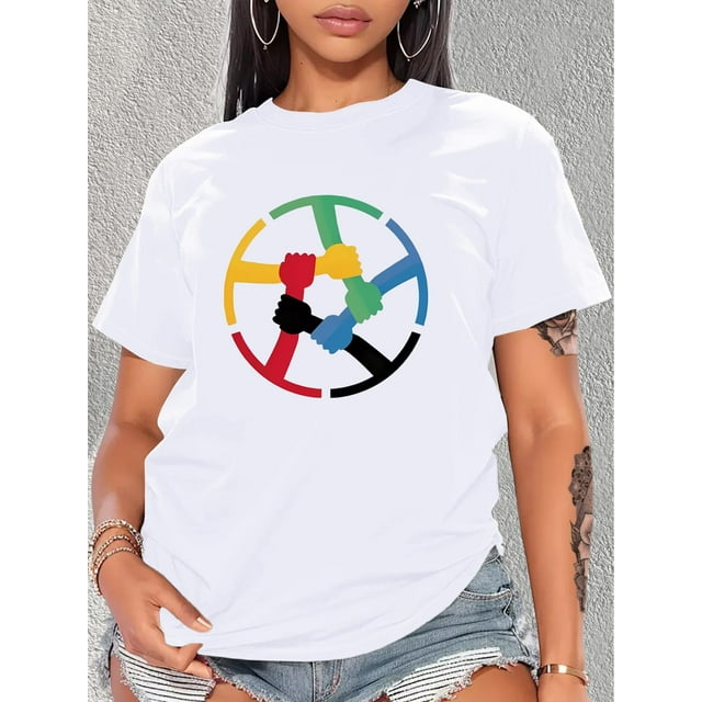 T-Shirt Décontracté pour Femmes avec Imprimé Coloré - Col Rond, Manches Courtes, Polyester Respirant - Parfait pour Printemps/été/fête des Pères, Fête des Mères, Nouvel An, Festival de Printemps, Saint-Valentin