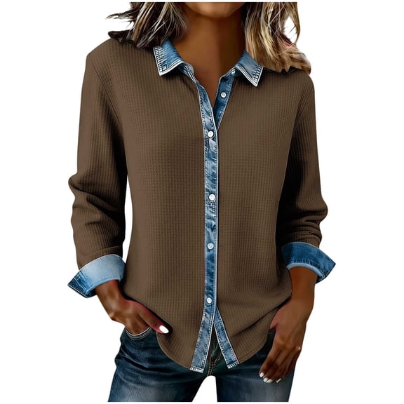 Dazajoo Waffle Knit Button Down Oversized Tops for Women Casual Long Sleeve Lapel Shirts with Denim Trim,Brown,XL