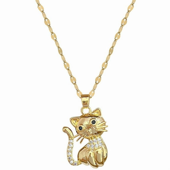 Cubic Zirconia Cat Kitty Pendant Necklace Jewelry For Women in 14K Gold Over Sterling Silver Along With 18" Silver Chain
