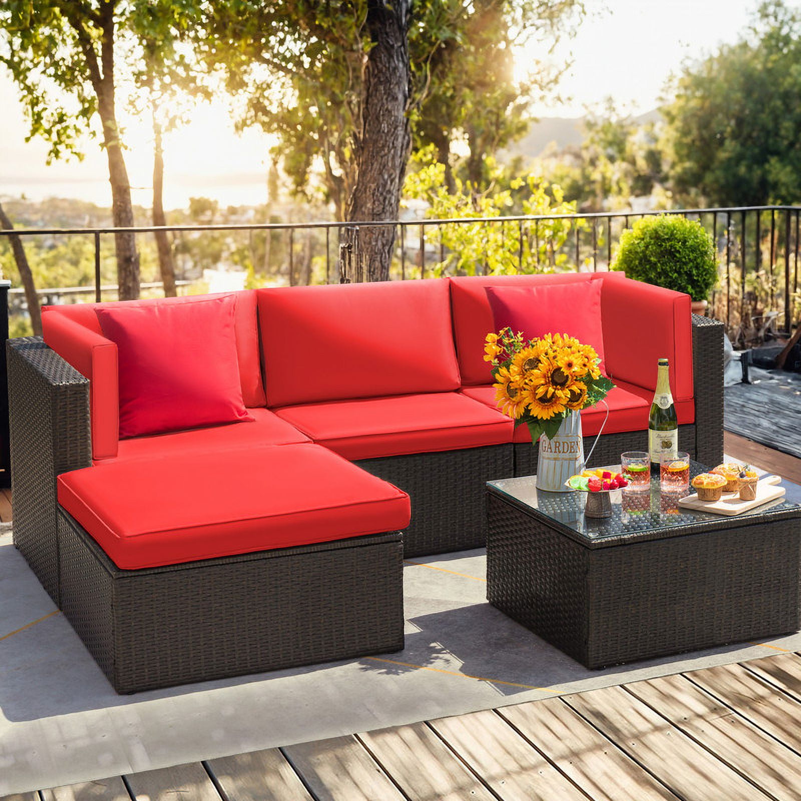 Homall 5 Pieces Outdoor Sectional Sofa with Tea Table, Red