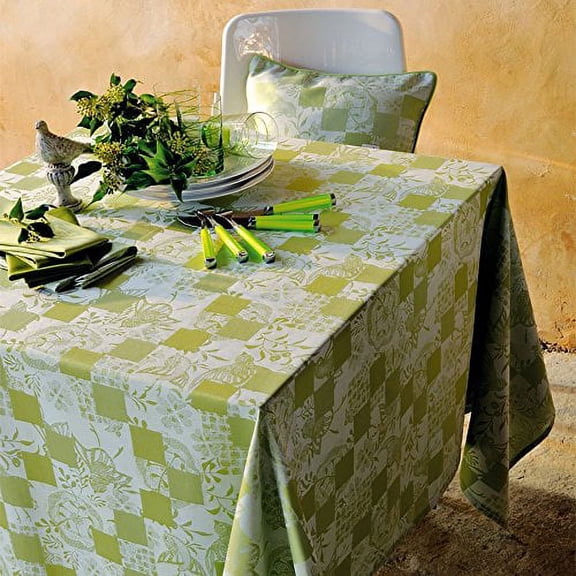 Garnier-Thiebaut, Mille Birds Garden Coated Jacquard Tablecloth, 68 Inches X 98 Inches, 100% Coated Cotton
