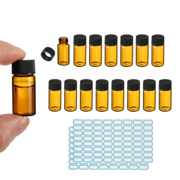 3ml Amber Glass Vials, 15 Pack Sample Vials with Screw Cap Reagent Media Bottle with Labels Leak-Proof Liquid Sample Glass Vial for Lab Laboratory