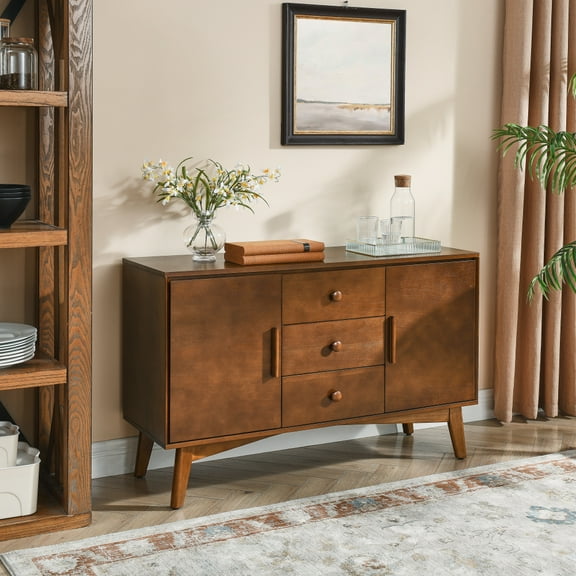 Toauuo 47.3" Mid Century Modern Sideboard Buffet Cabinet Walnut, 2 Doors & 3 Drawers Storage Cabinet, Accent Console Table for Kitchen Dining Living Room Entryway