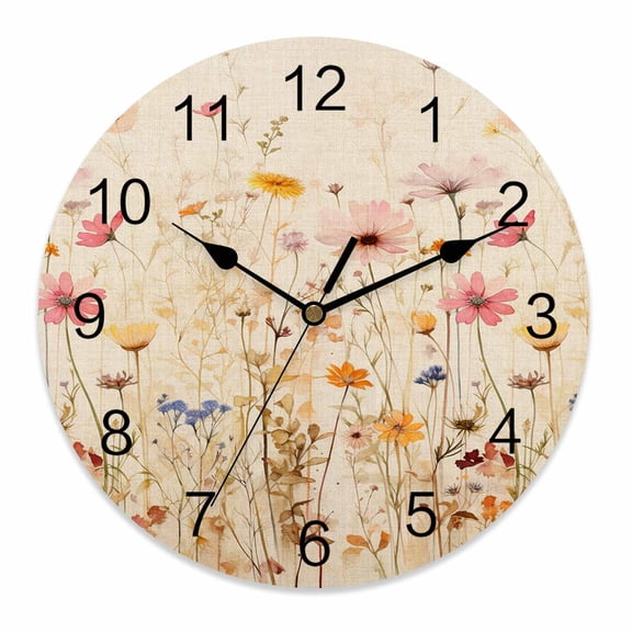 Wall Clock 14 Inch Pink Yellow Vintage Flowers Round Silent Decorative Wall Clocks Battery Operated for Living Room Bedroom Kitchen Classroom Decor, Rustic Watercolor Floral,Large