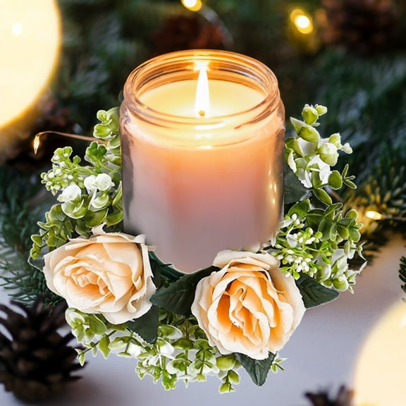 Home Decor QTOCIO Candlestick Garland Wreath Artificial Rose Candle Flower Ring Home Party Wedding Table Decoration