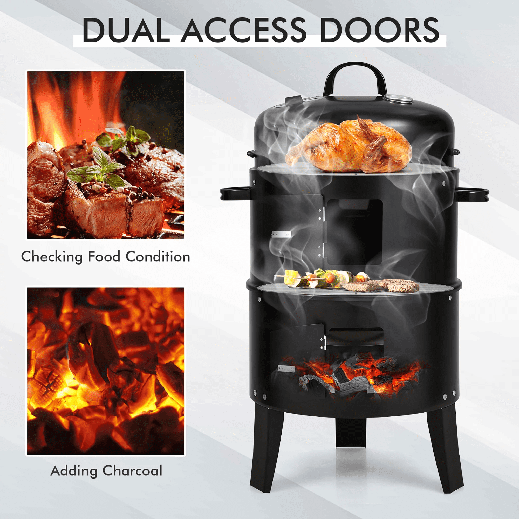 Seizeen 16" Smoker Outdoor 3-in-1 Charcoal Grill, Portable BBQ Grill Fire Pit Combo Double-layer  Design