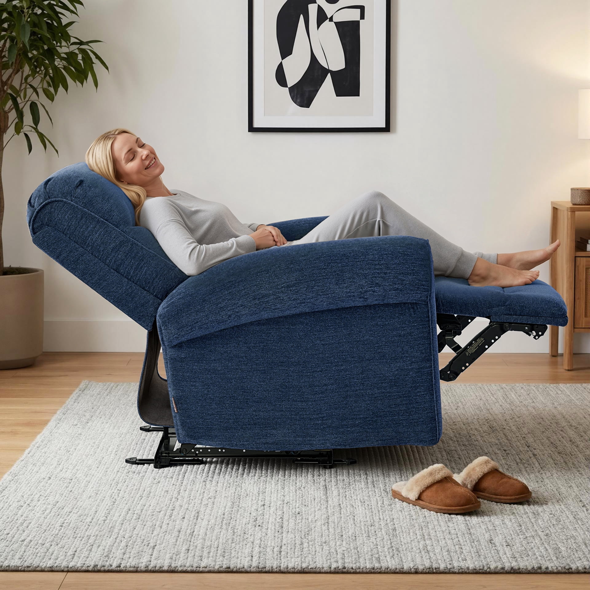 MCombo Small Wall Hugger Power Recliner Chair for Small Space RV Living Room, , Modern Roll Arm Recliner, Fabric, Navy Blue