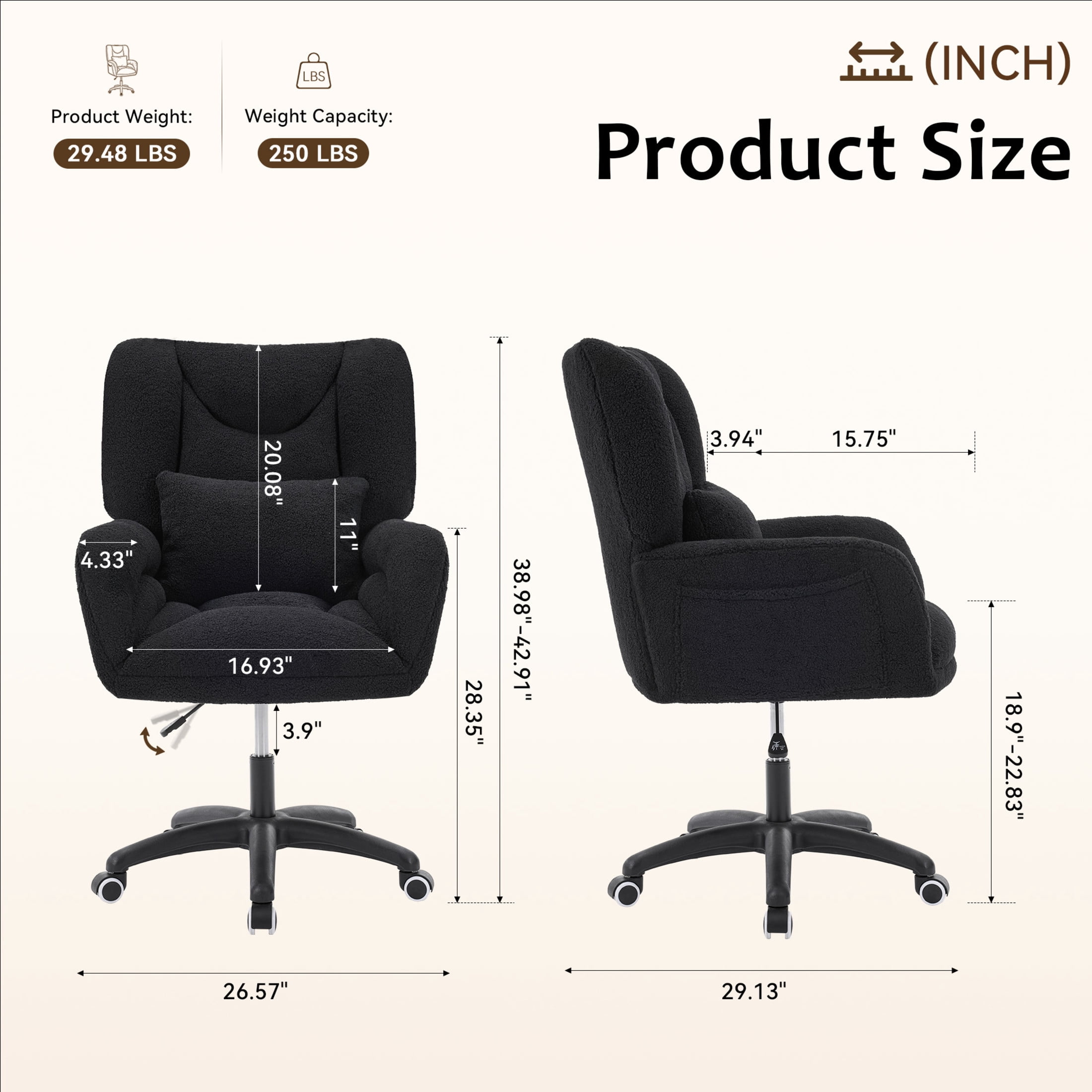 Noble House Sheila Teddy Fabric Swivel Office Chair, High Back Desk Chair with Lumbar Pillow & Storage Pockets, Black