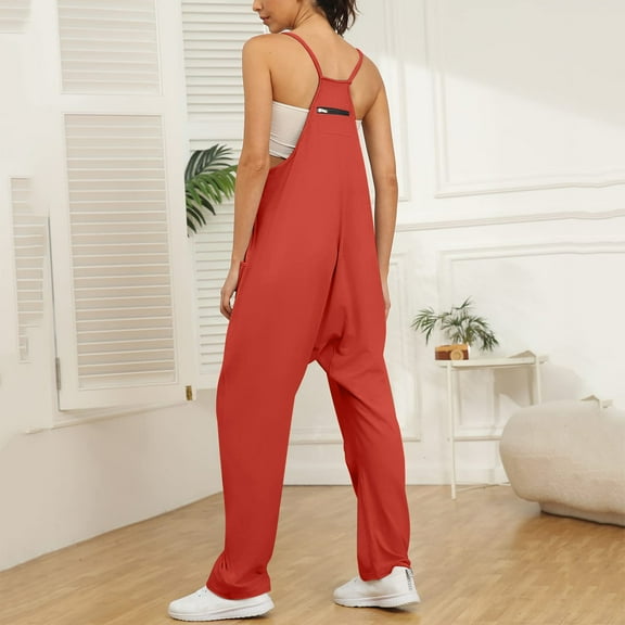 Aayomet OnePiece Jumpsuits For Women Womens Casual Summer Jumpsuit Sleeveless Loose Solid Color Comfortable Strap Loose Jumpsuit,Red L