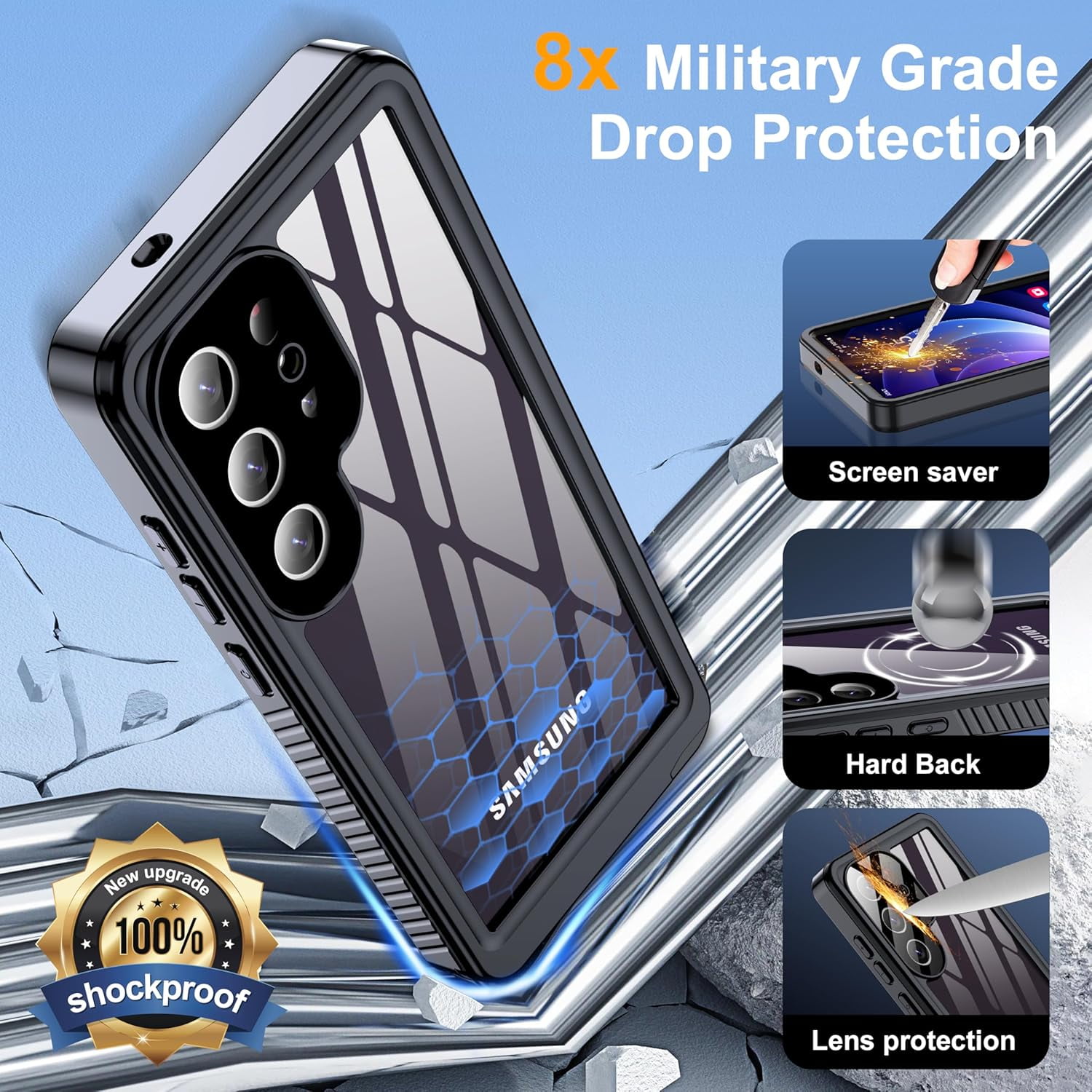 for Samsung Galaxy S25 Ultra Case Waterproof,IP68 Waterproof Dustproof Case with Built-in Screen Protector, Full Body Protective Phone Cover for Galaxy S25 Ultra 6.9 Inch, Black/Clear