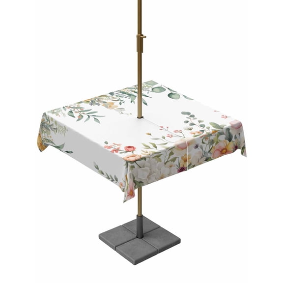 Outdoor Tablecloths with Umbrella Hole & Zipper, Spring Floral 60x60 Inch Square Tablecloths, Watercolor Roses Eucalyptus Leaves Botanical Waterproof Table Cloth, Patio/Pool/Picnic Table Covers