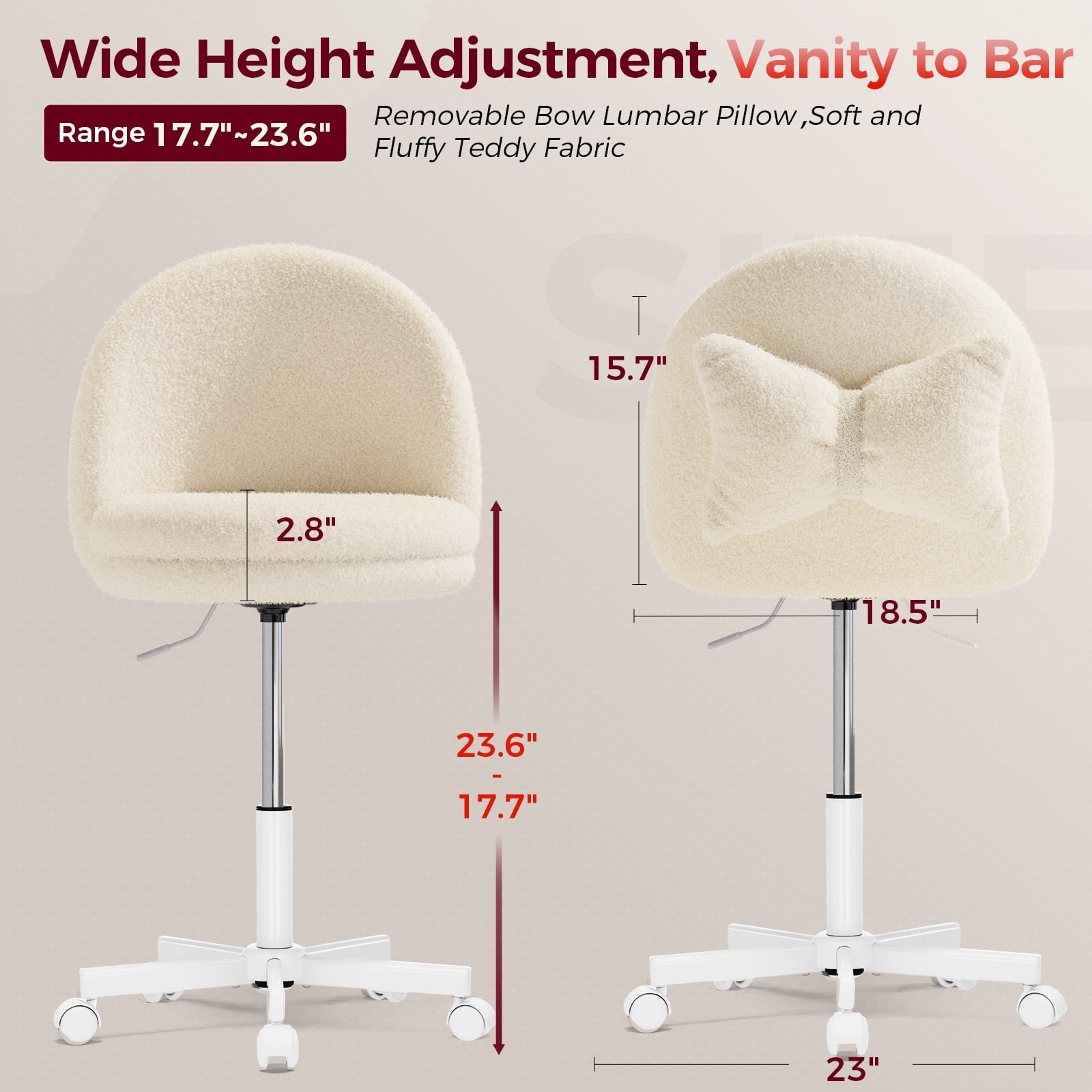 CloudRest Pro Vanity Chair with Back & Wheels, Adjustable Swivel Velvet Stool for Bedroom, Home Office, White