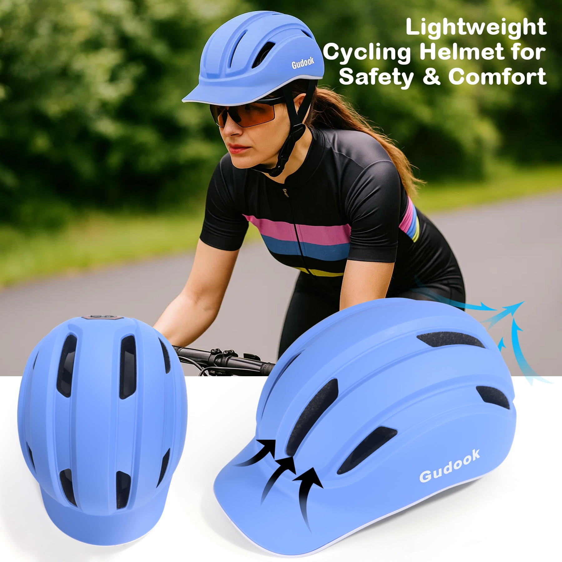 Gudook Adult Bike Helmet for Men - Women Bicycle Helmet with LED Rear Light - Certified Comfort Adjustable Baseball Cap Style Cycling Helmets for Urban Commuter Road Biking Scooter
