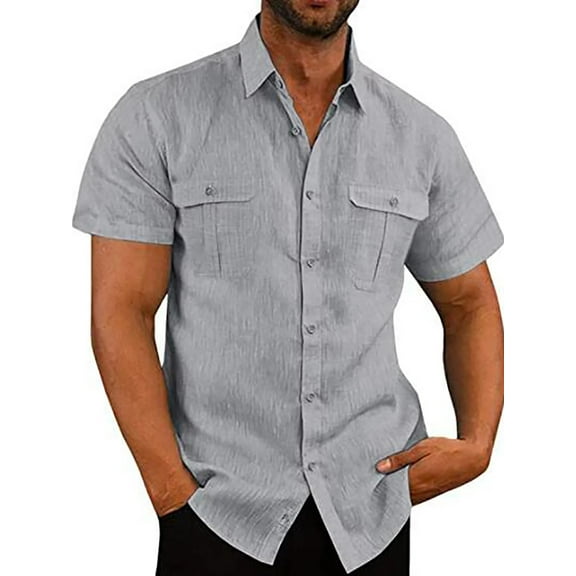 Azrian Shirt for Men's Fashion Vacation Solid Color Cotton Linen Double Pocket Casual Shirts Short Sleeves