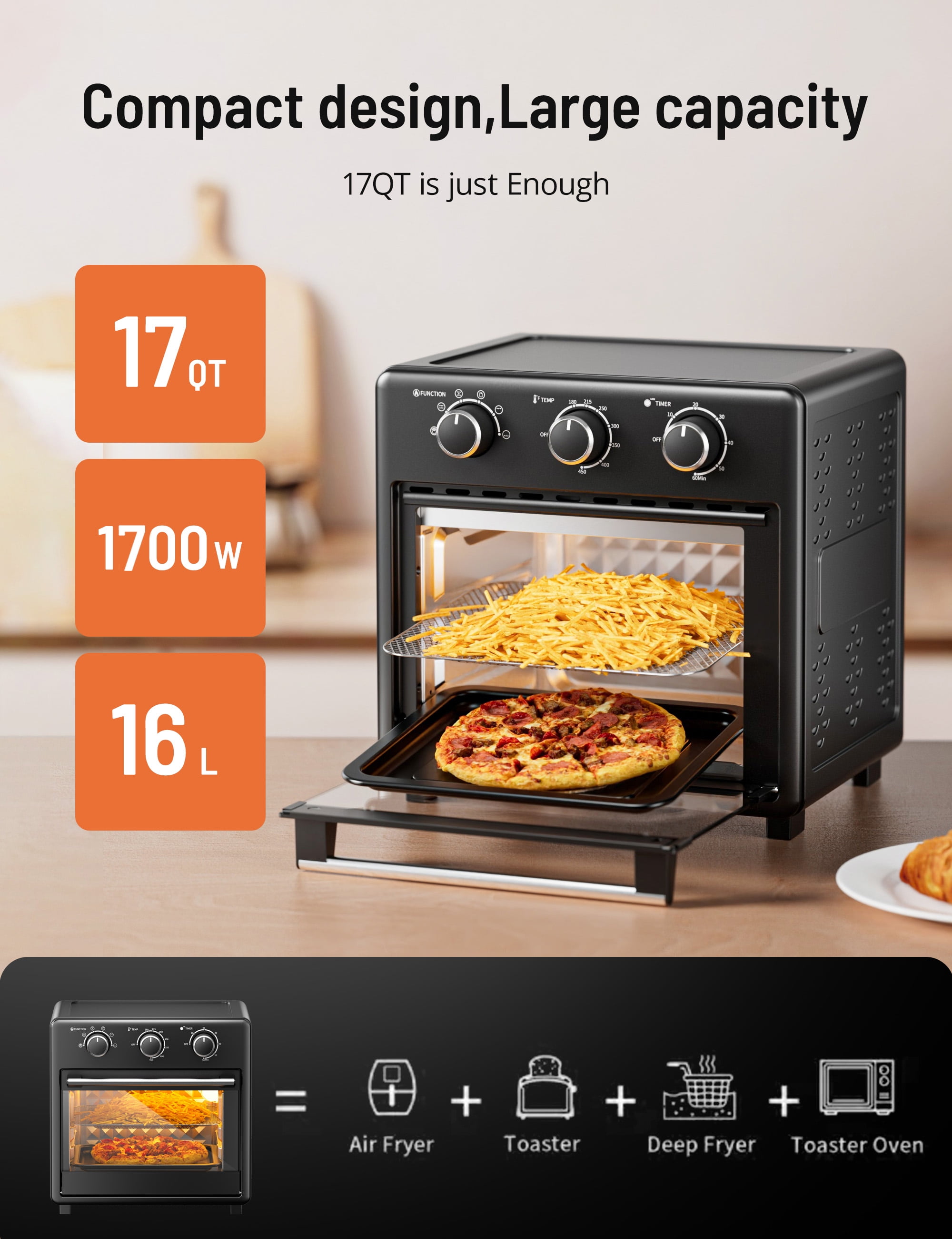TaoTronics Air Fryer, 17QT Large Capacity Toaster Oven Countertop 6-in-1 Combo, Non-Stick, 1700W