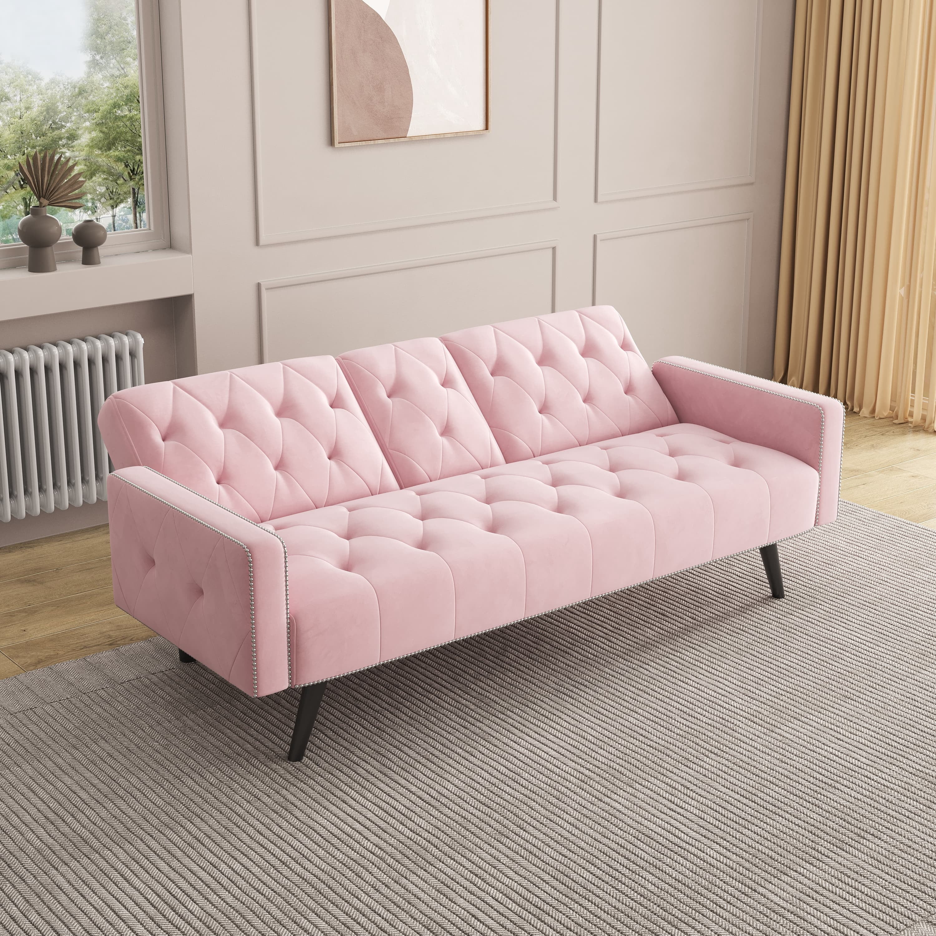 MAYEERTY 72" Sofa Bed Velvet Sofa Couch with 2 Cup Holders for Small Spaces, Pink